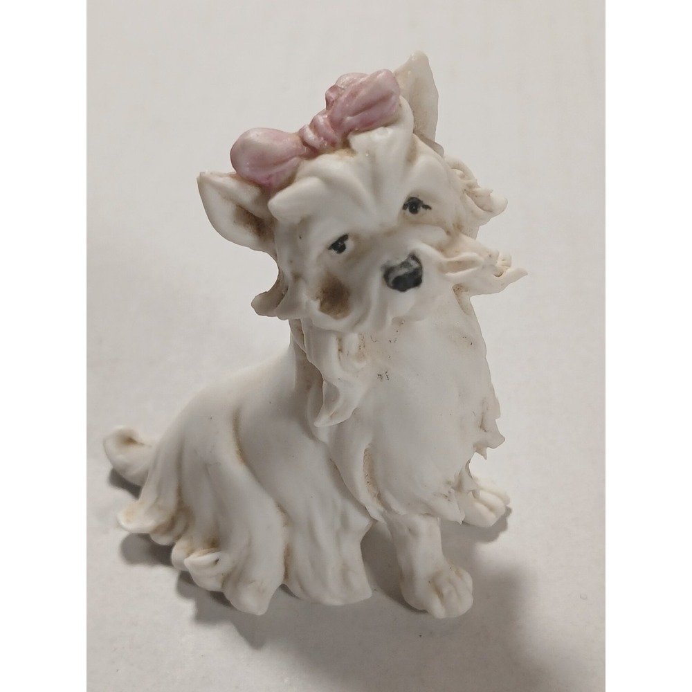Antique Porcelain White Pink Bow Dog Italian Figurine, Tiche Company,